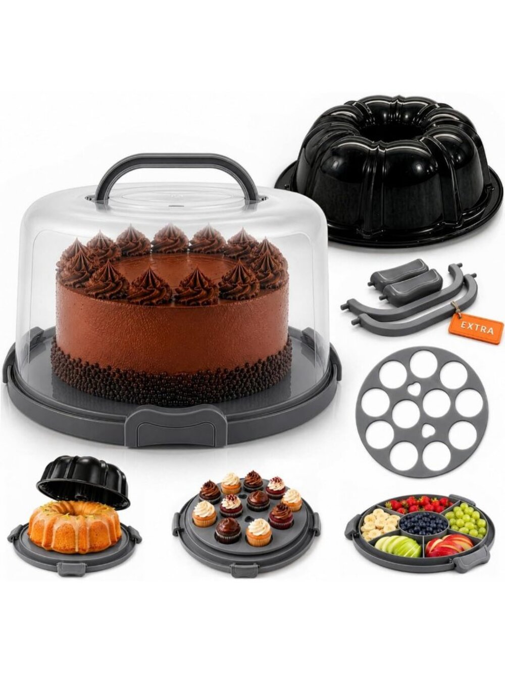 Non-Stick 10" Buntz Cake Pan & 12" Cake Carrier with Lid & Handle, Gray
